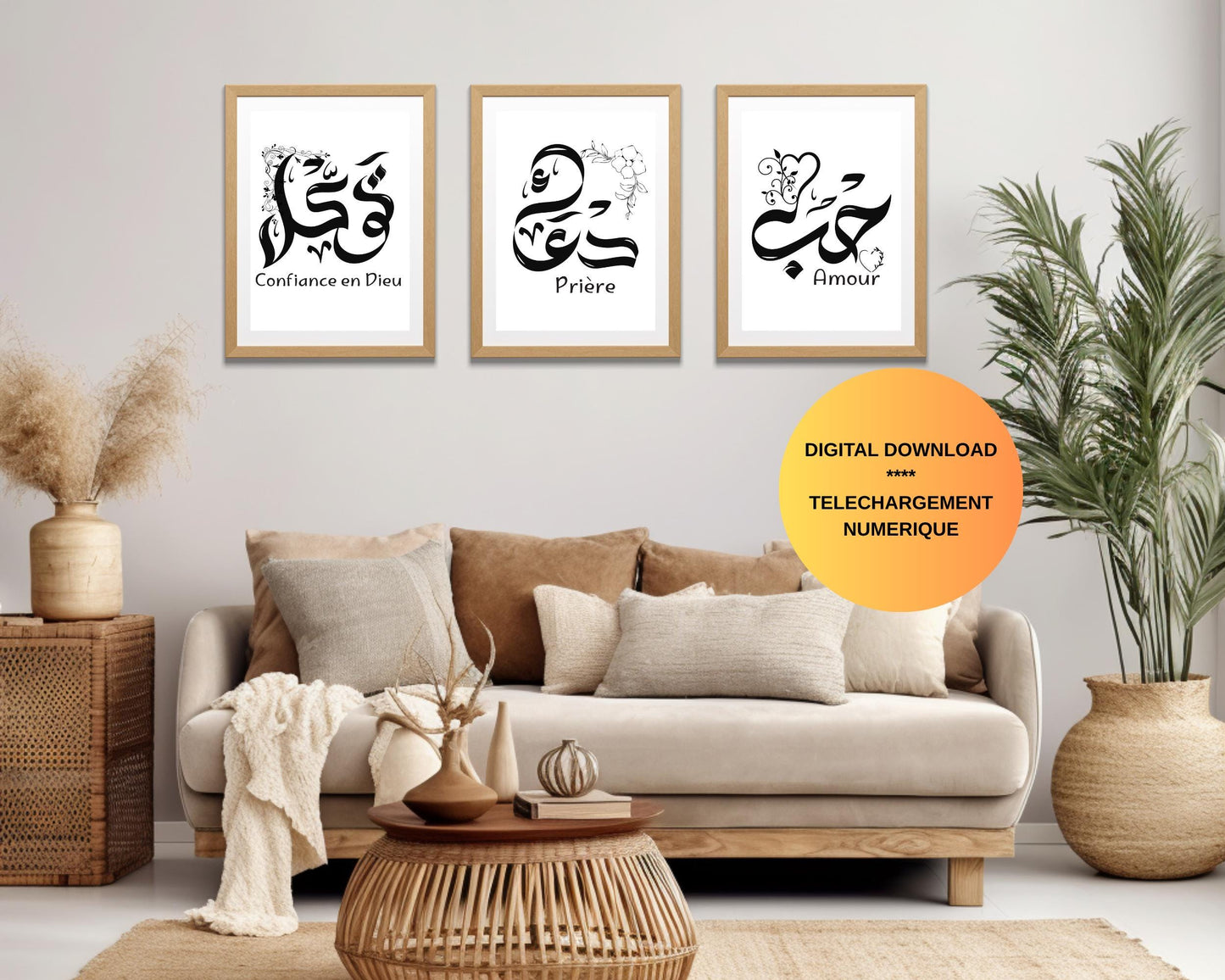 Affiche de calligraphie arabe – Hob (amour), Tawakkul (confiance en Dieu), Doua (prière) | Art spirituel Téléchargement numérique